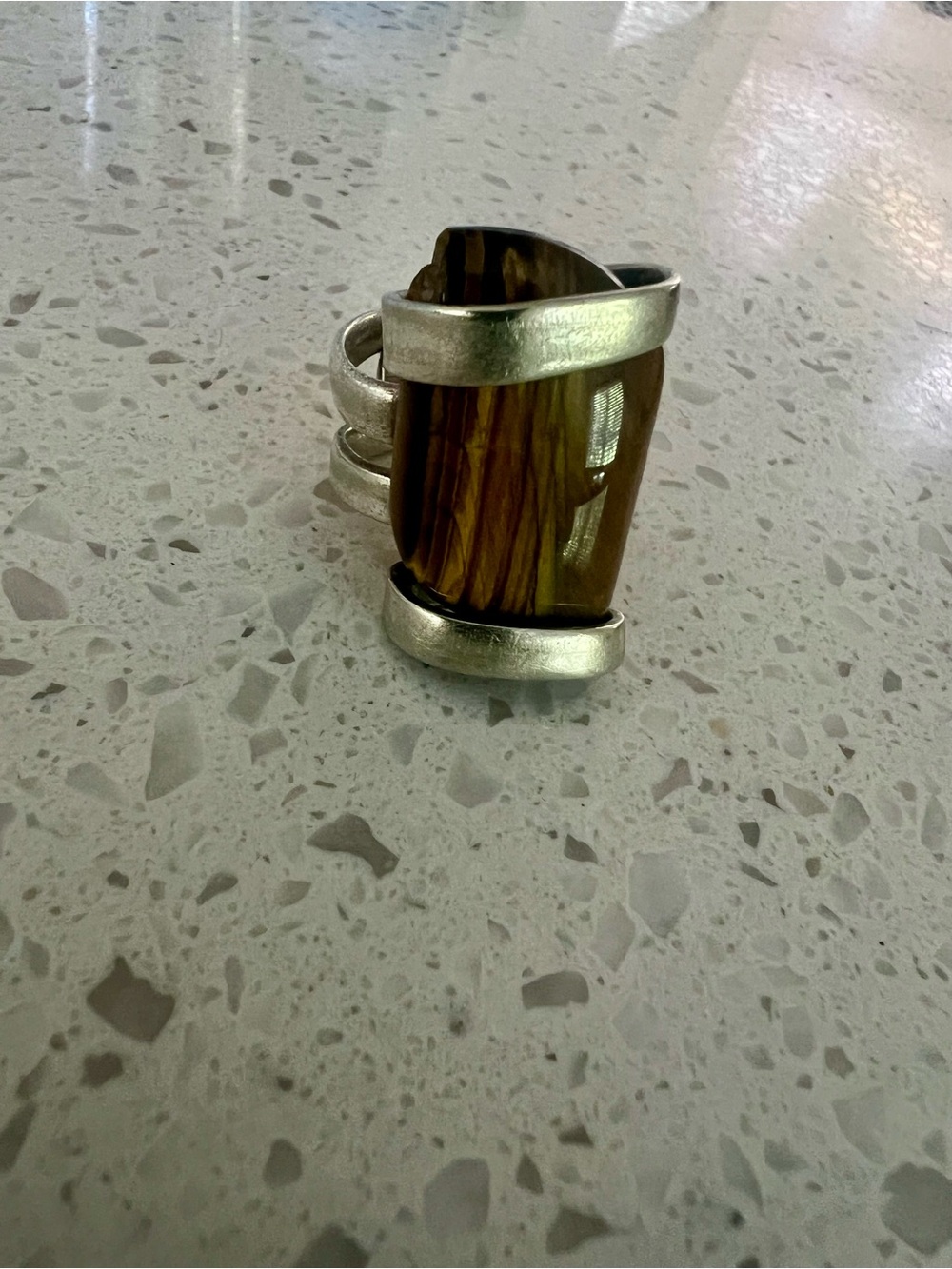 Chunky Silver “Fork” Ring with Brown Tiger's Eye Stone